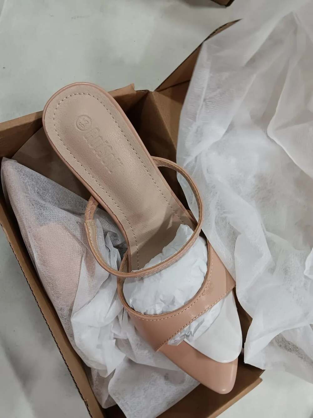 Gotsoft Pointed Toe Mules Size 6.5 Nude Patent Leather Spool Heel